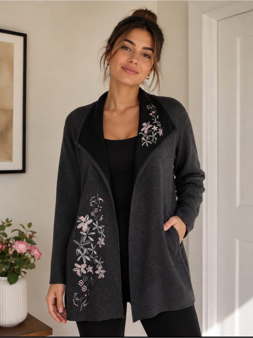 Laura - Medium Embroidered Open-Front Women's Cardigan Sweater - Charcoal